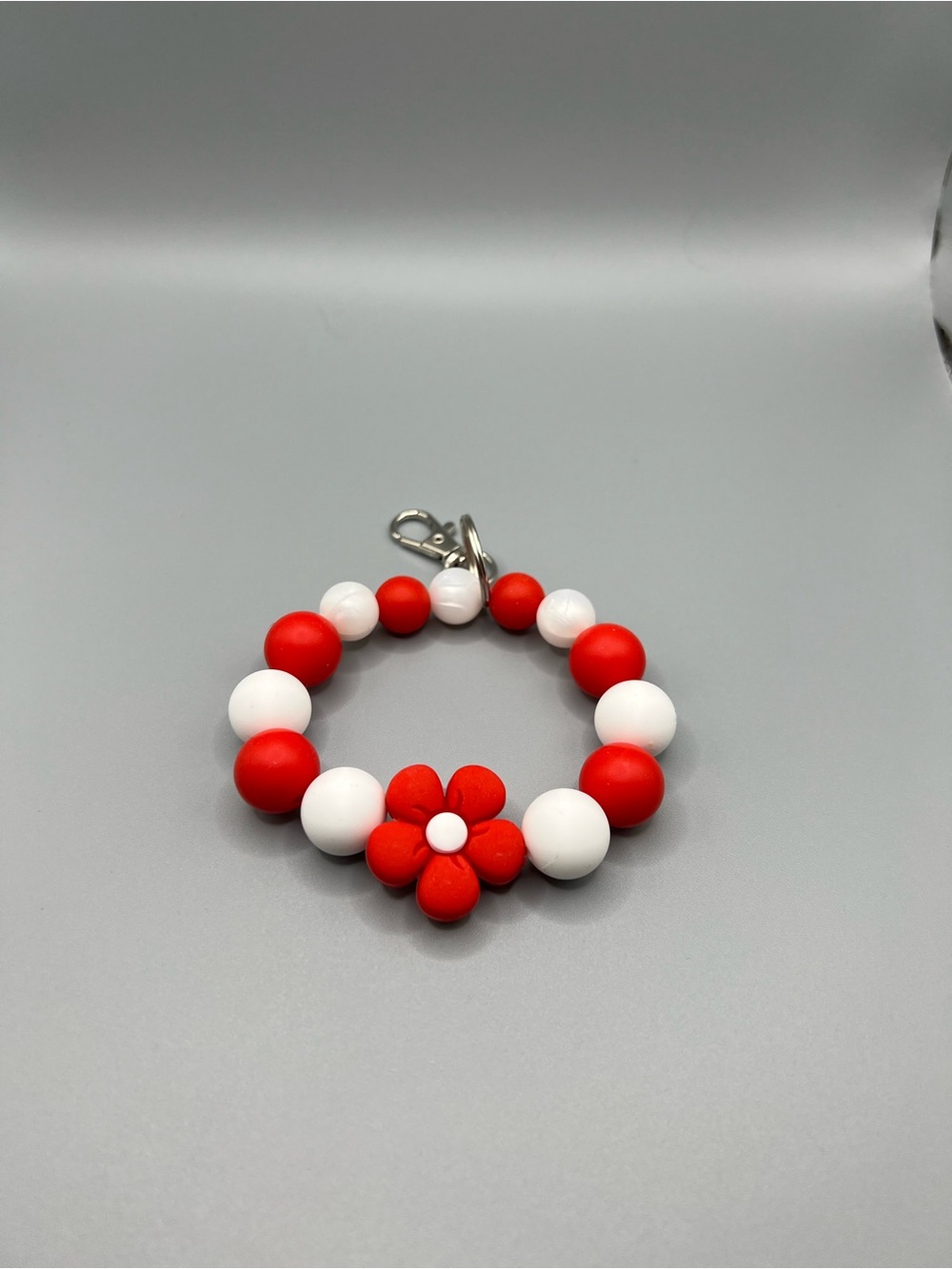 Red & White Beaded Flower Bracelet Charm - Handmade - K0250C